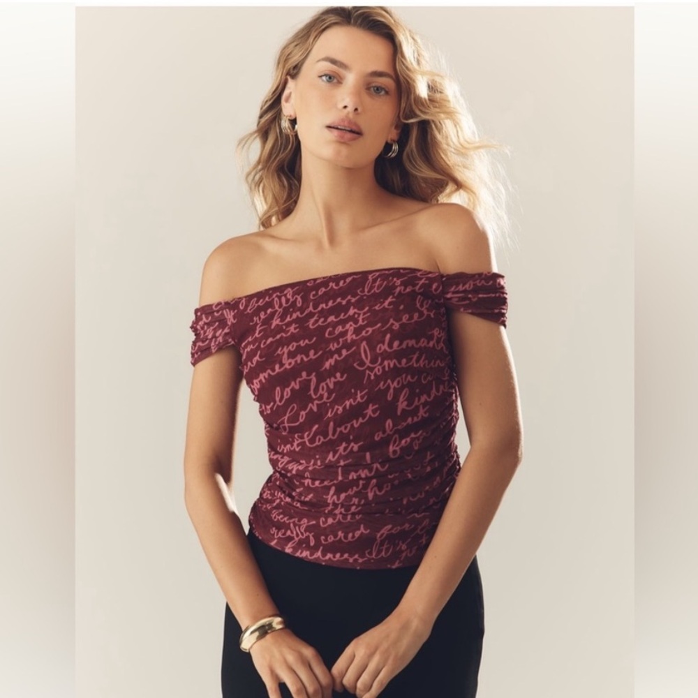 NWOT Maeve Pink and Burgundy Off-Shoulder Mesh Top Romantic Spring Feminine